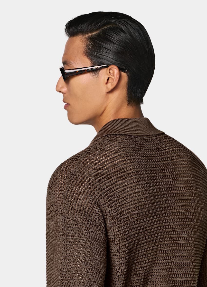 SUITSUPPLY Pure Cotton Mid Brown Crochet Polo Cardigan