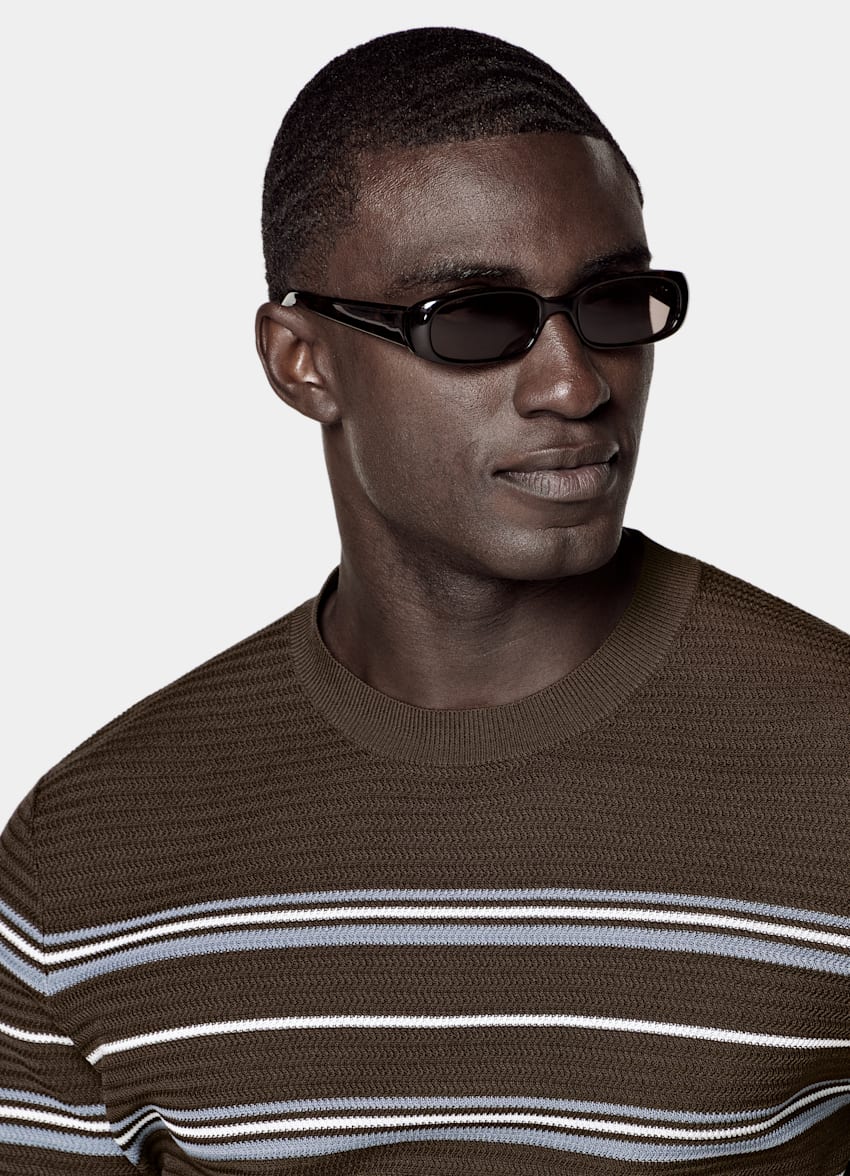 SUITSUPPLY Cotton Silk Mid Brown Striped Jacquard Short Sleeve Crewneck