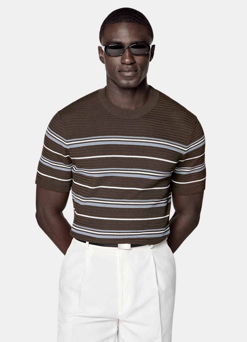 SUITSUPPLY Cotton Silk Mid Brown Striped Jacquard Short Sleeve Crewneck