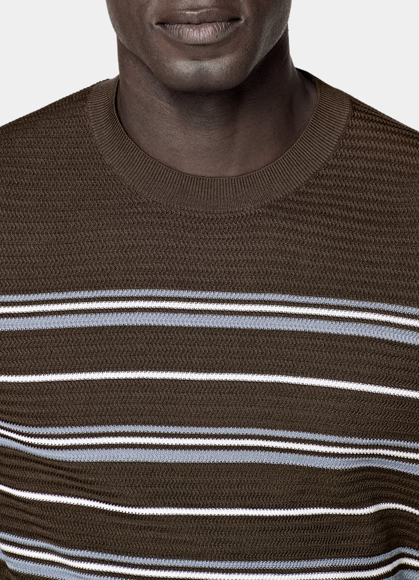SUITSUPPLY Cotton Silk Mid Brown Striped Jacquard Short Sleeve Crewneck