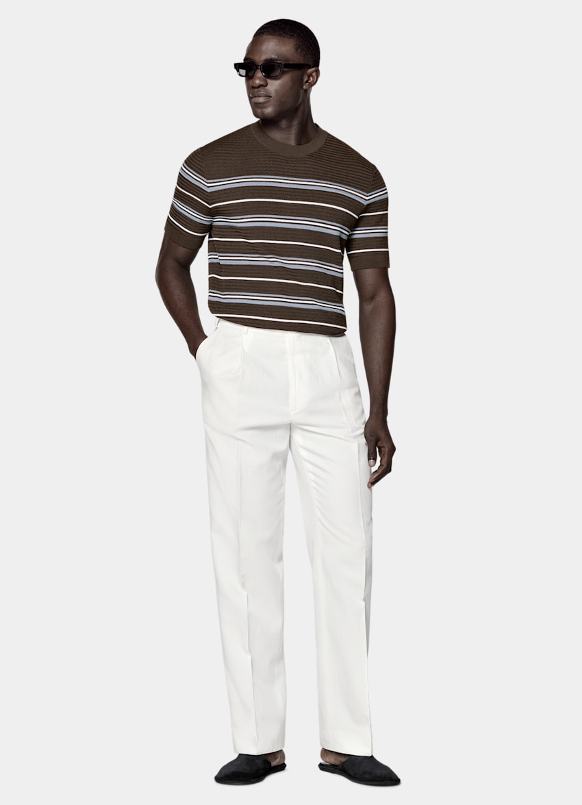 SUITSUPPLY Cotton Silk Mid Brown Striped Jacquard Short Sleeve Crewneck