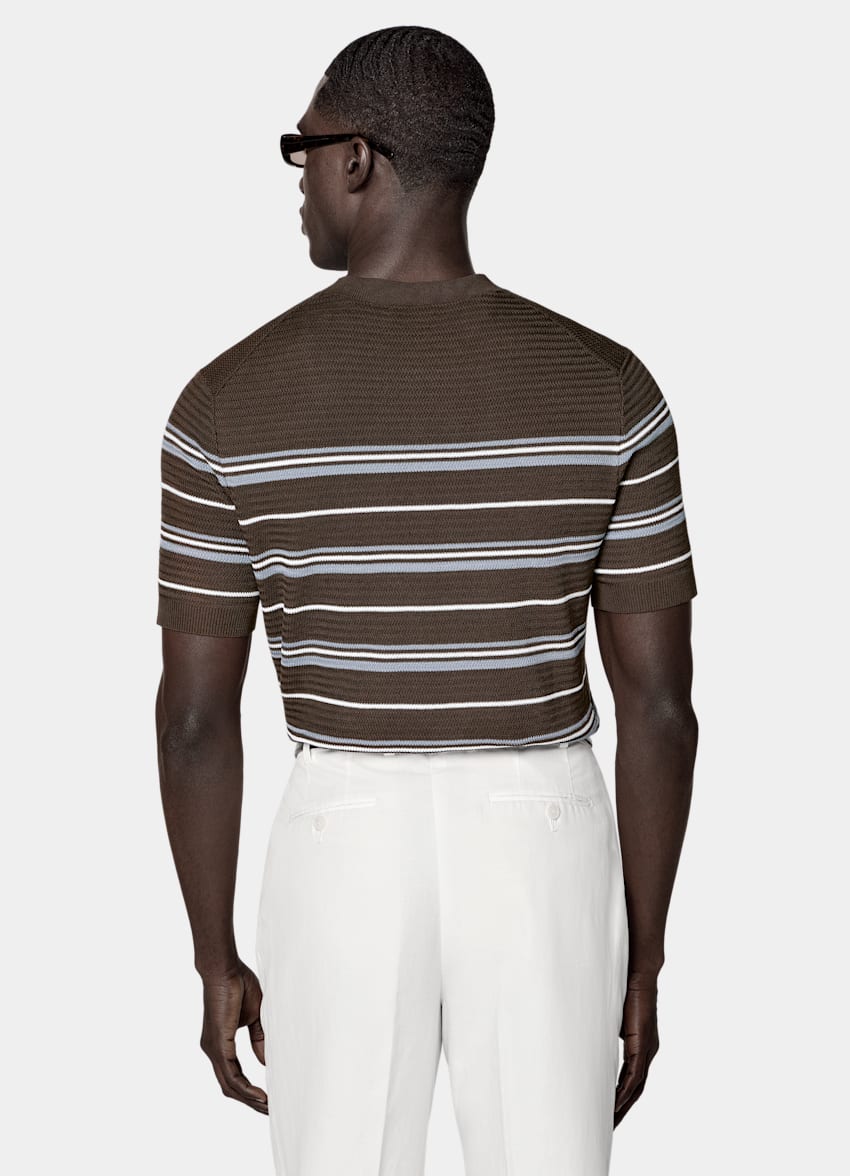 SUITSUPPLY Cotton Silk Mid Brown Striped Jacquard Short Sleeve Crewneck
