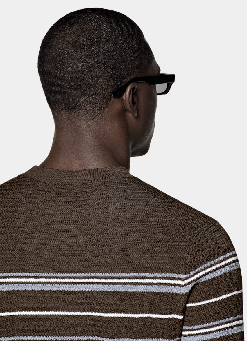 SUITSUPPLY Cotton Silk Mid Brown Striped Jacquard Short Sleeve Crewneck