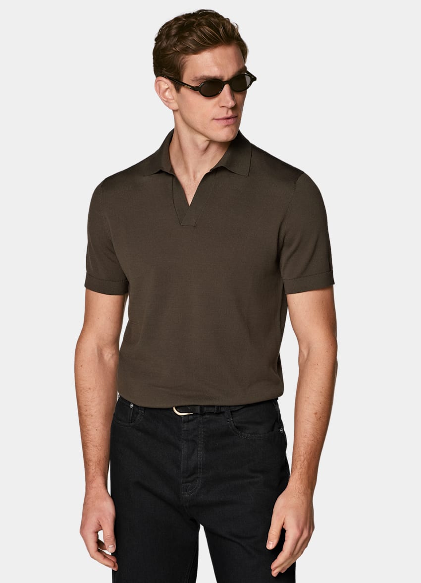 SUITSUPPLY Pure Cotton Dark Brown Buttonless Polo