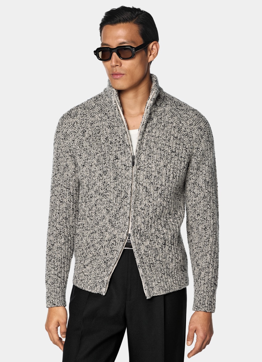 SUITSUPPLY Wool Cotton Light Brown Ribbed Moulin&eacute; Zip Cardigan