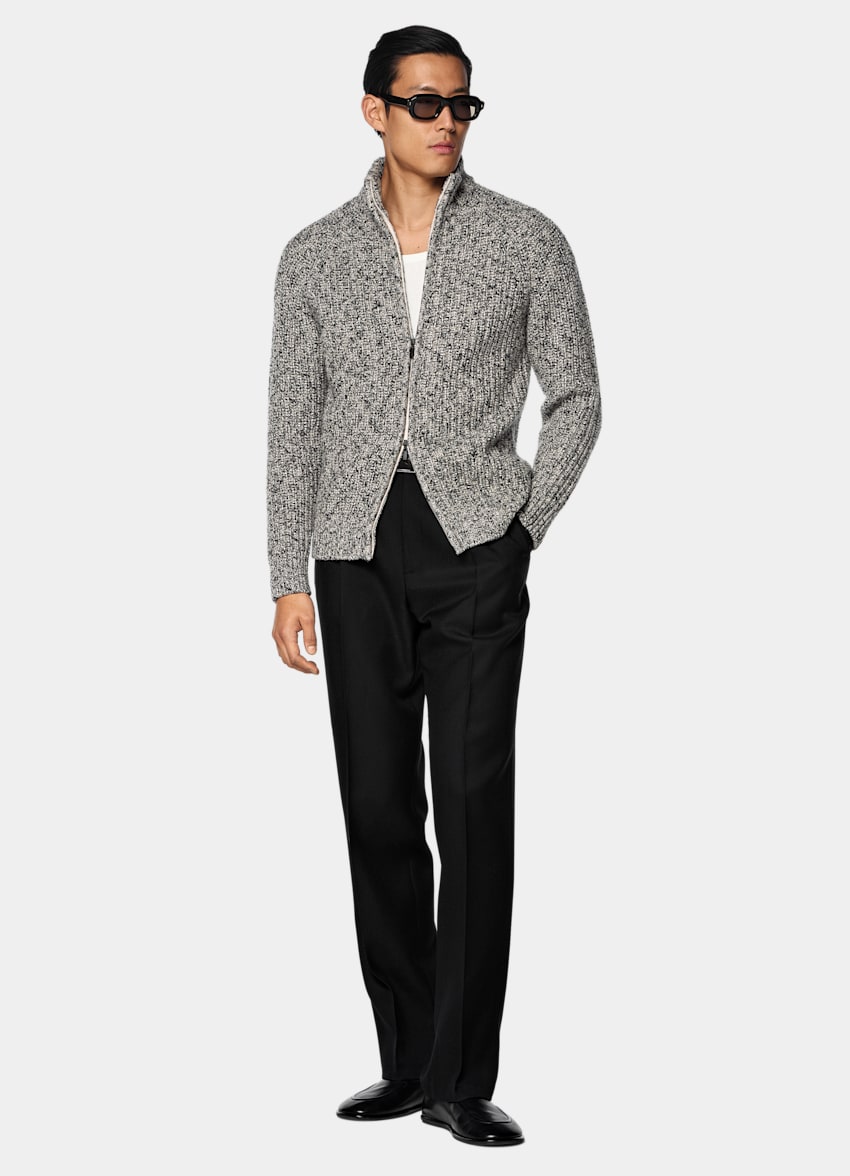 SUITSUPPLY Wool Cotton Light Brown Ribbed Moulin&eacute; Zip Cardigan