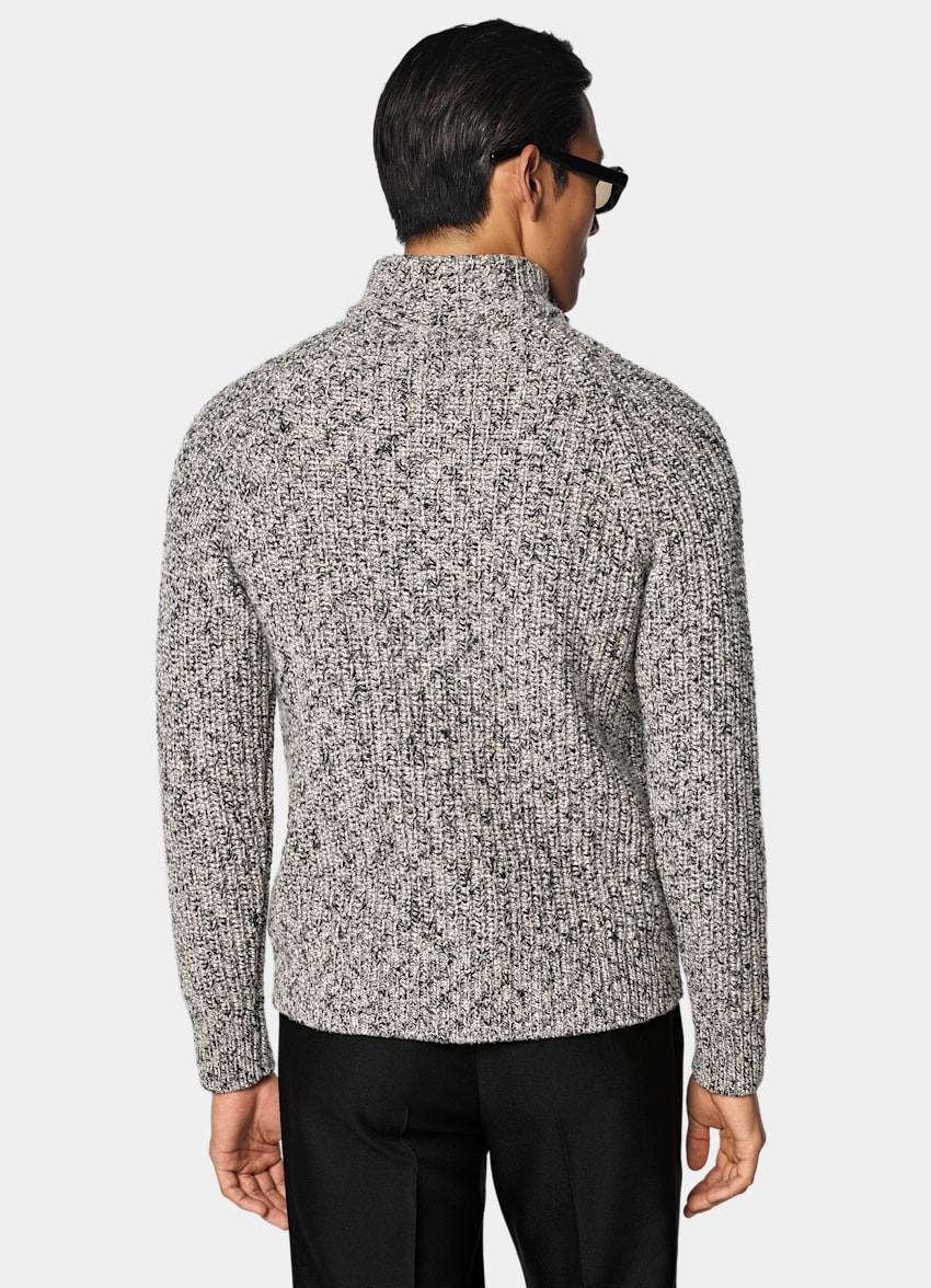 SUITSUPPLY Wool Cotton Light Brown Ribbed Moulin&eacute; Zip Cardigan