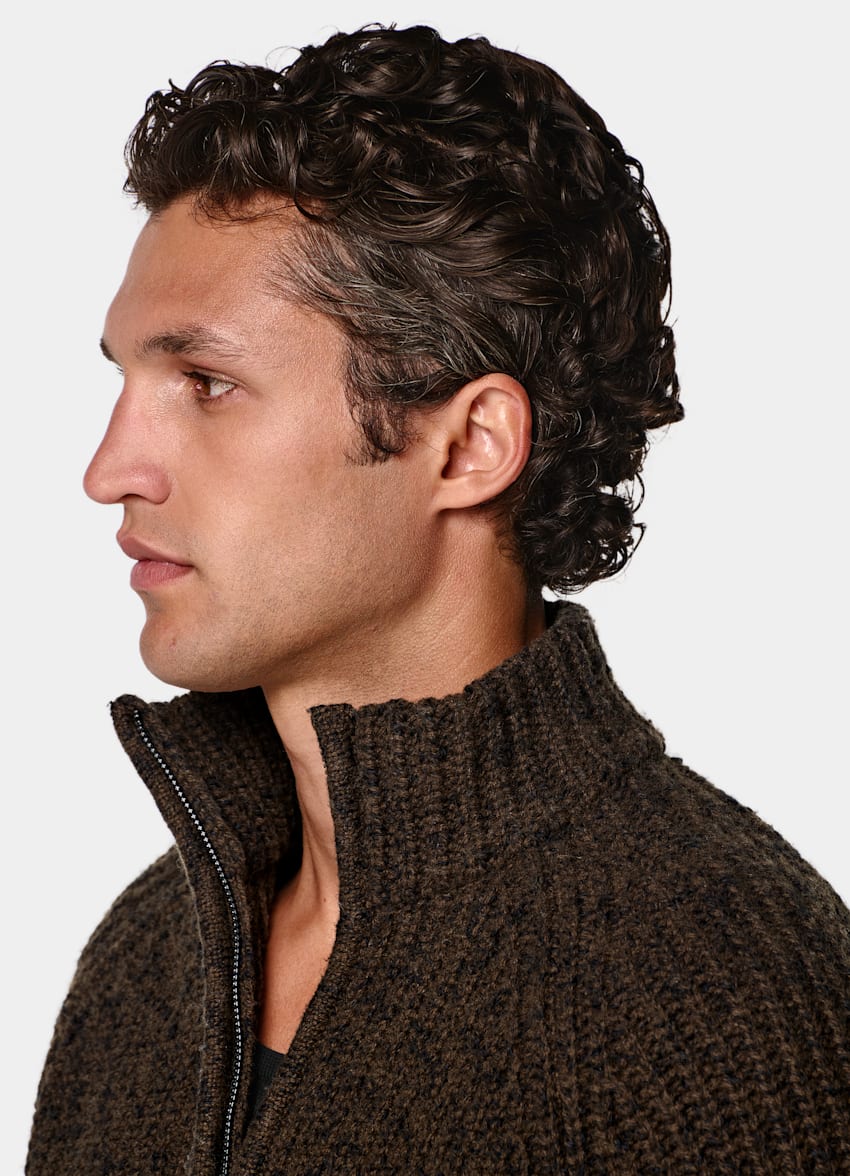 SUITSUPPLY Wool Cotton Mid Brown Ribbed Moulin&eacute; Zip Cardigan