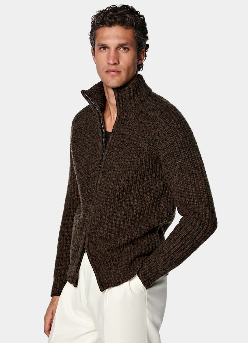 SUITSUPPLY Wool Cotton Mid Brown Ribbed Moulin&eacute; Zip Cardigan