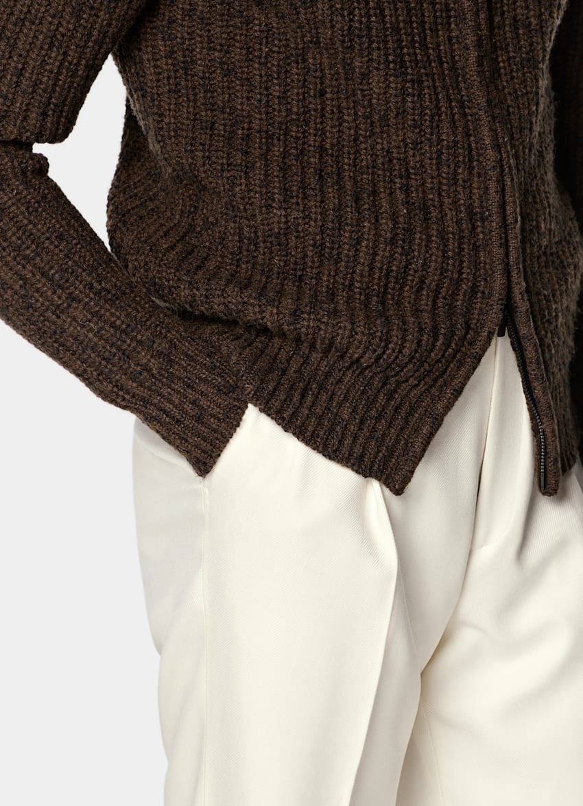 SUITSUPPLY Wool Cotton Mid Brown Ribbed Moulin&eacute; Zip Cardigan