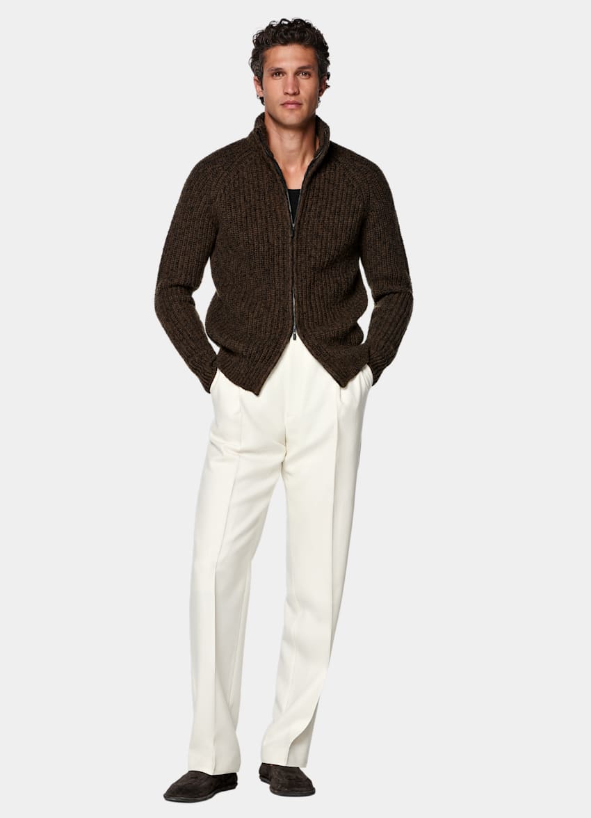 SUITSUPPLY Wool Cotton Mid Brown Ribbed Moulin&eacute; Zip Cardigan
