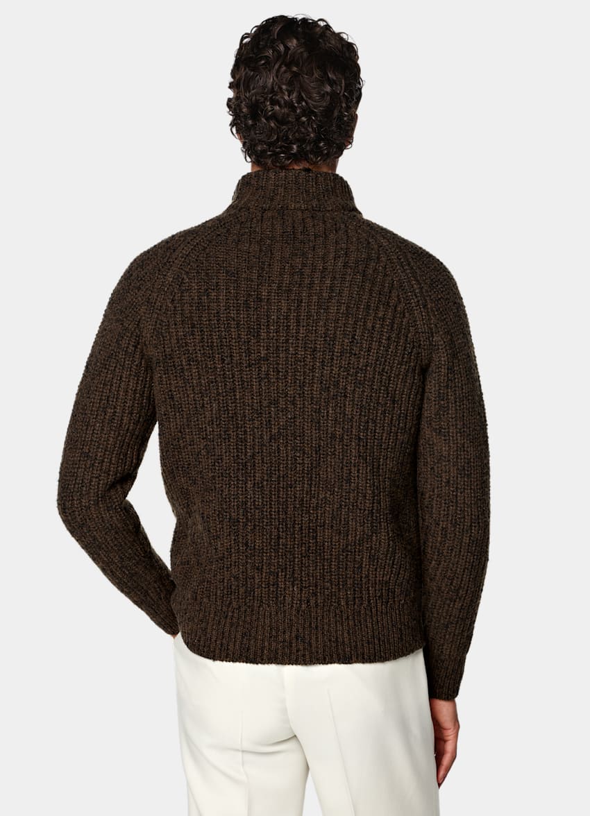 SUITSUPPLY Wool Cotton Mid Brown Ribbed Moulin&eacute; Zip Cardigan