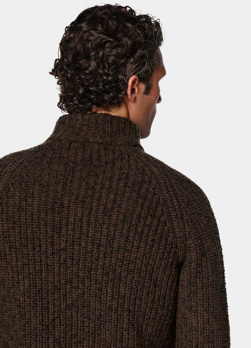 SUITSUPPLY Wool Cotton Mid Brown Ribbed Moulin&eacute; Zip Cardigan