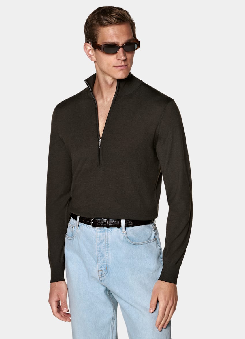 SUITSUPPLY Pure Wool Dark Brown Merino Half Zip