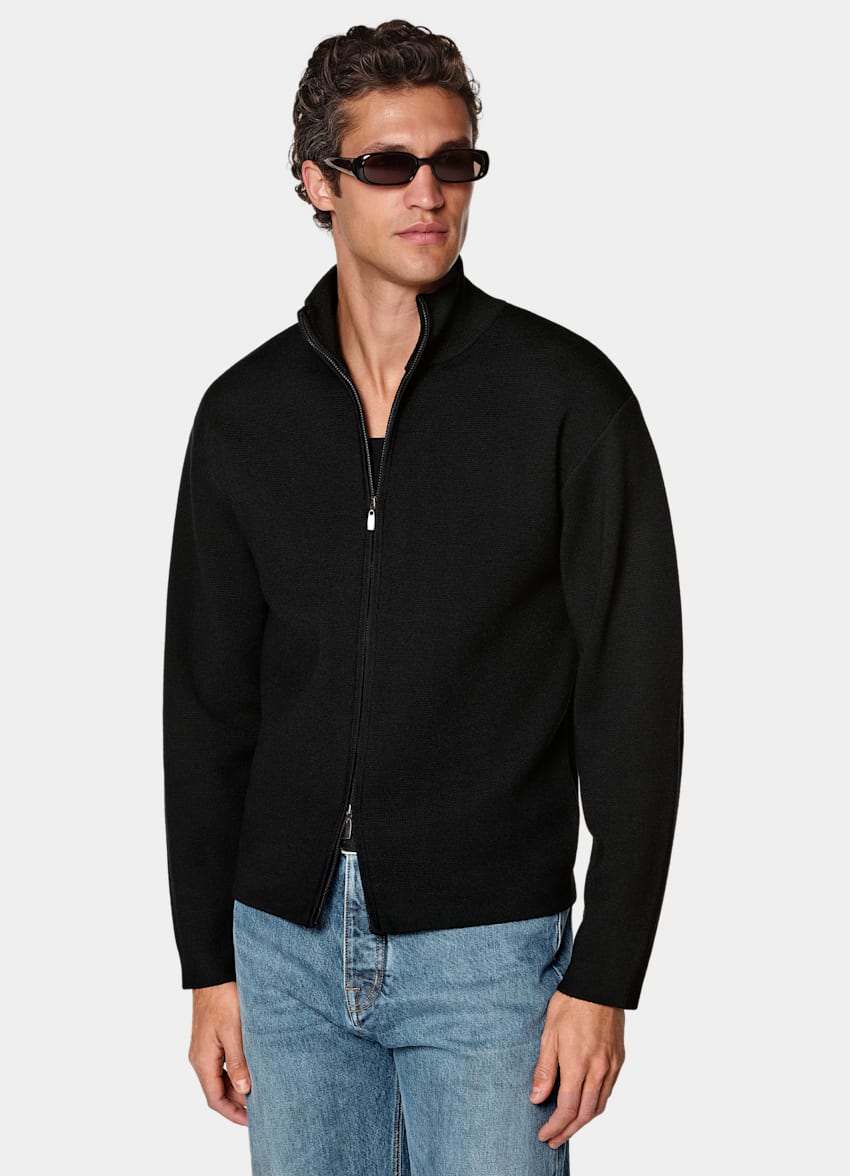 SUITSUPPLY Pure Wool Black Merino Zip Cardigan