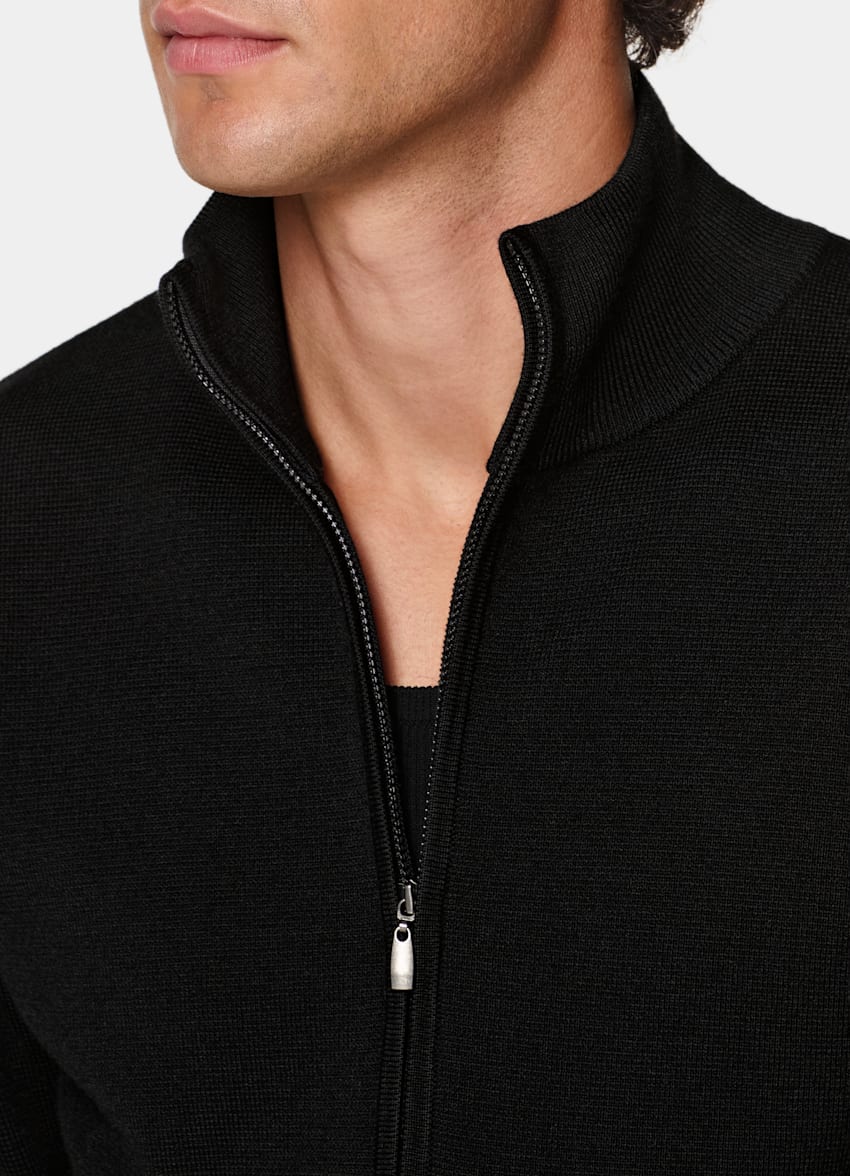 SUITSUPPLY Pure Wool Black Merino Zip Cardigan