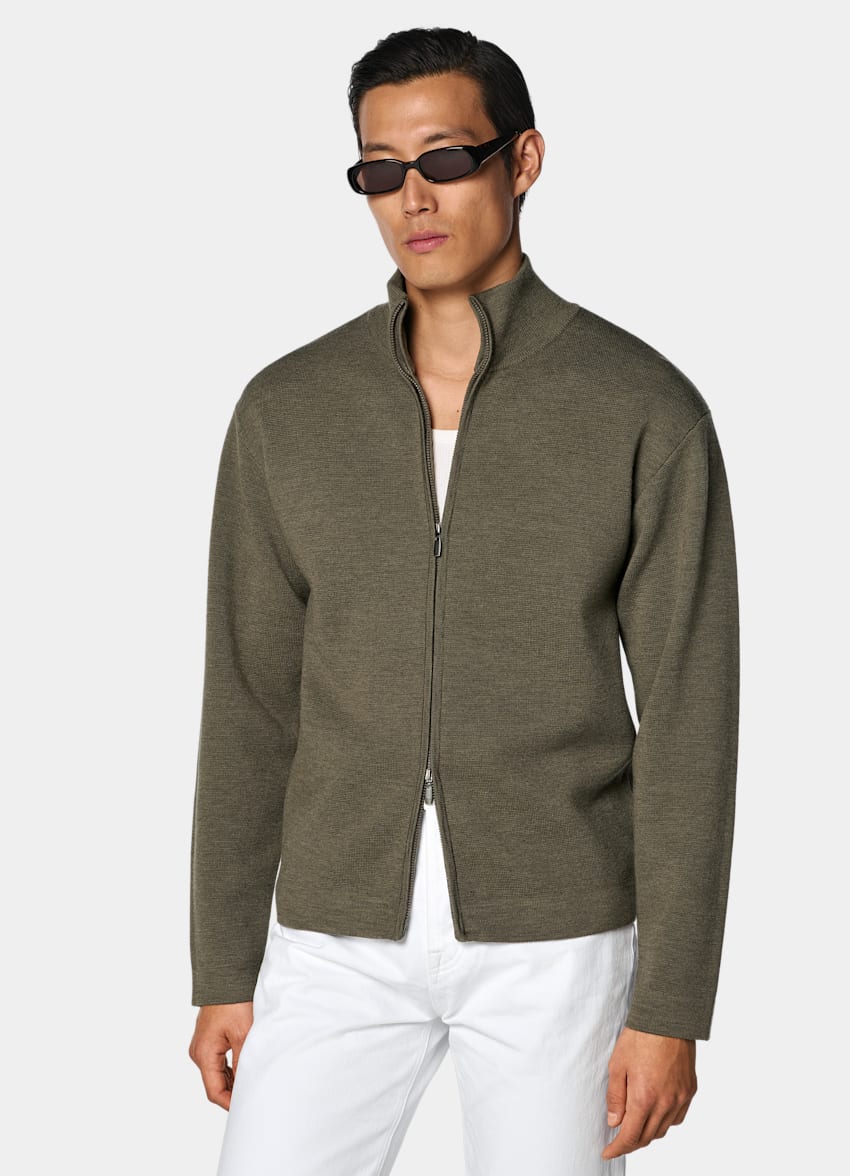 SUITSUPPLY Reine Schurwolle Merino Zip-Cardigan mittelgr&uuml;n