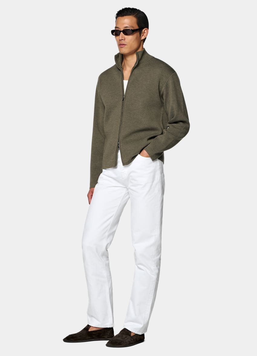SUITSUPPLY Reine Schurwolle Merino Zip-Cardigan mittelgr&uuml;n