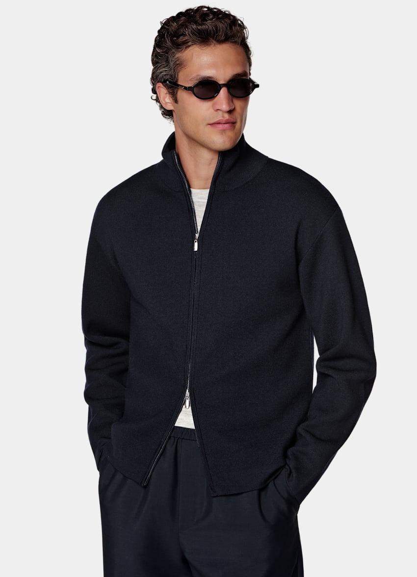 SUITSUPPLY Pure Wool Navy Merino Zip Cardigan