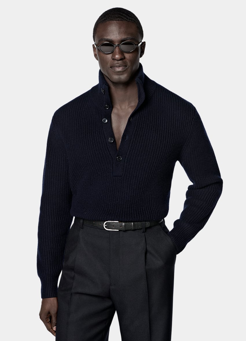SUITSUPPLY Wool Cashmere Navy Ribbed Long Sleeve Funnel-Neck
