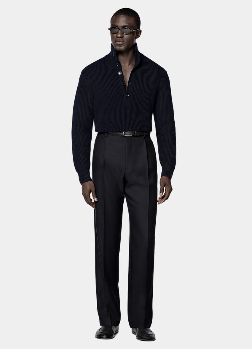 SUITSUPPLY Wool Cashmere Navy Ribbed Long Sleeve Funnel-Neck
