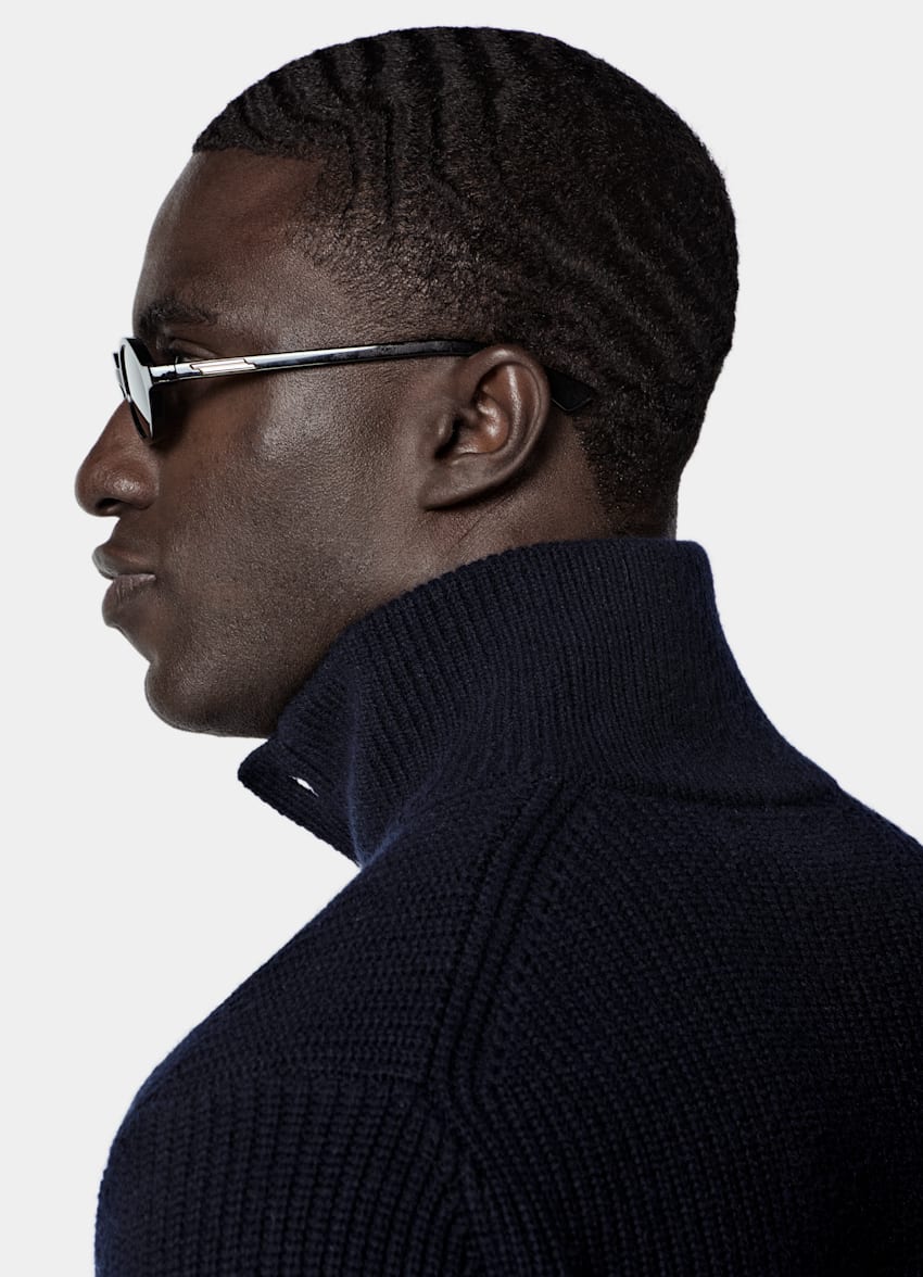 SUITSUPPLY Wool Cashmere Navy Ribbed Long Sleeve Funnel-Neck
