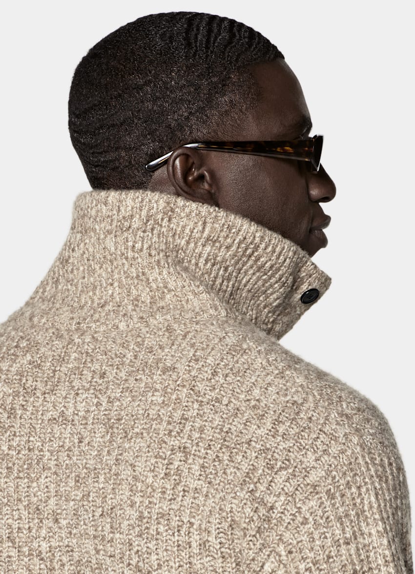 SUITSUPPLY Cashmere Wool Nylon Light Brown Ribbed Moulin&eacute; Long Sleeve Funnel-Neck