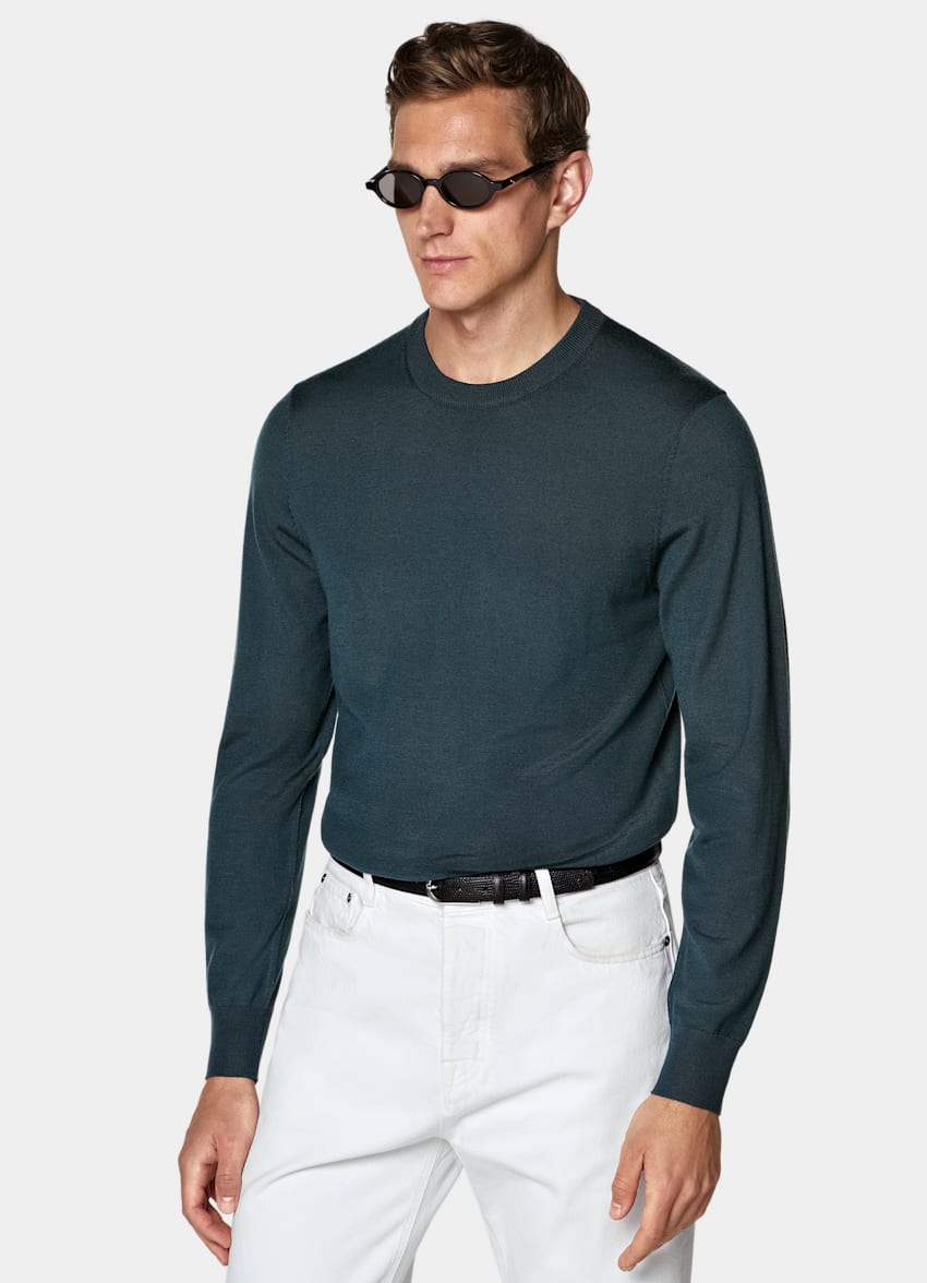 SUITSUPPLY Reine Schurwolle Merino Rundhalspullover mittelblau