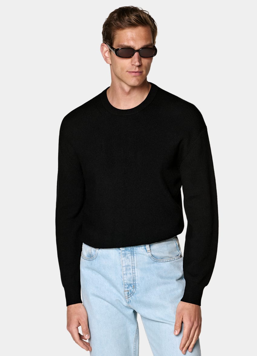 SUITSUPPLY Pure Wool Black Ribbed Merino Crewneck