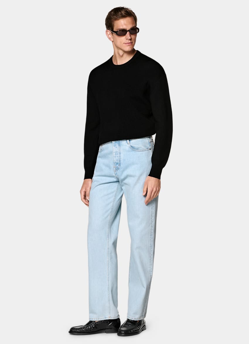 SUITSUPPLY Pure Wool Black Ribbed Merino Crewneck