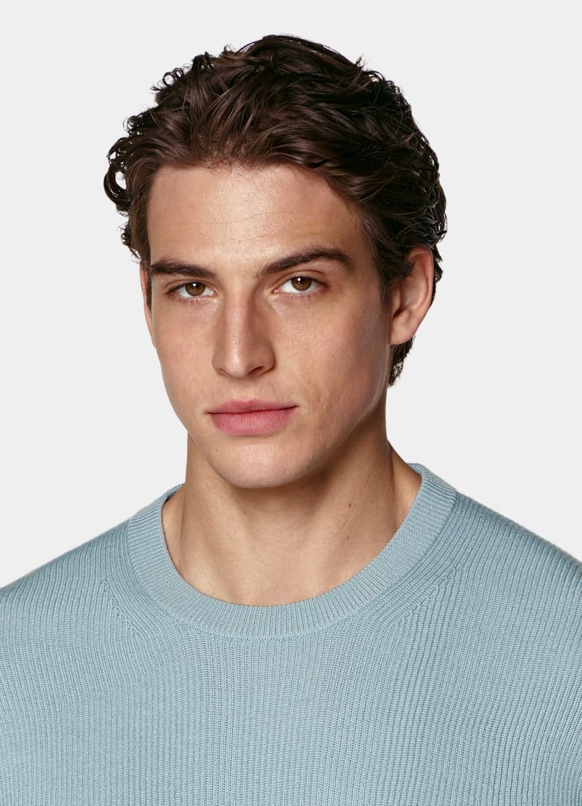 SUITSUPPLY Pure Wool Light Blue Ribbed Merino Crewneck