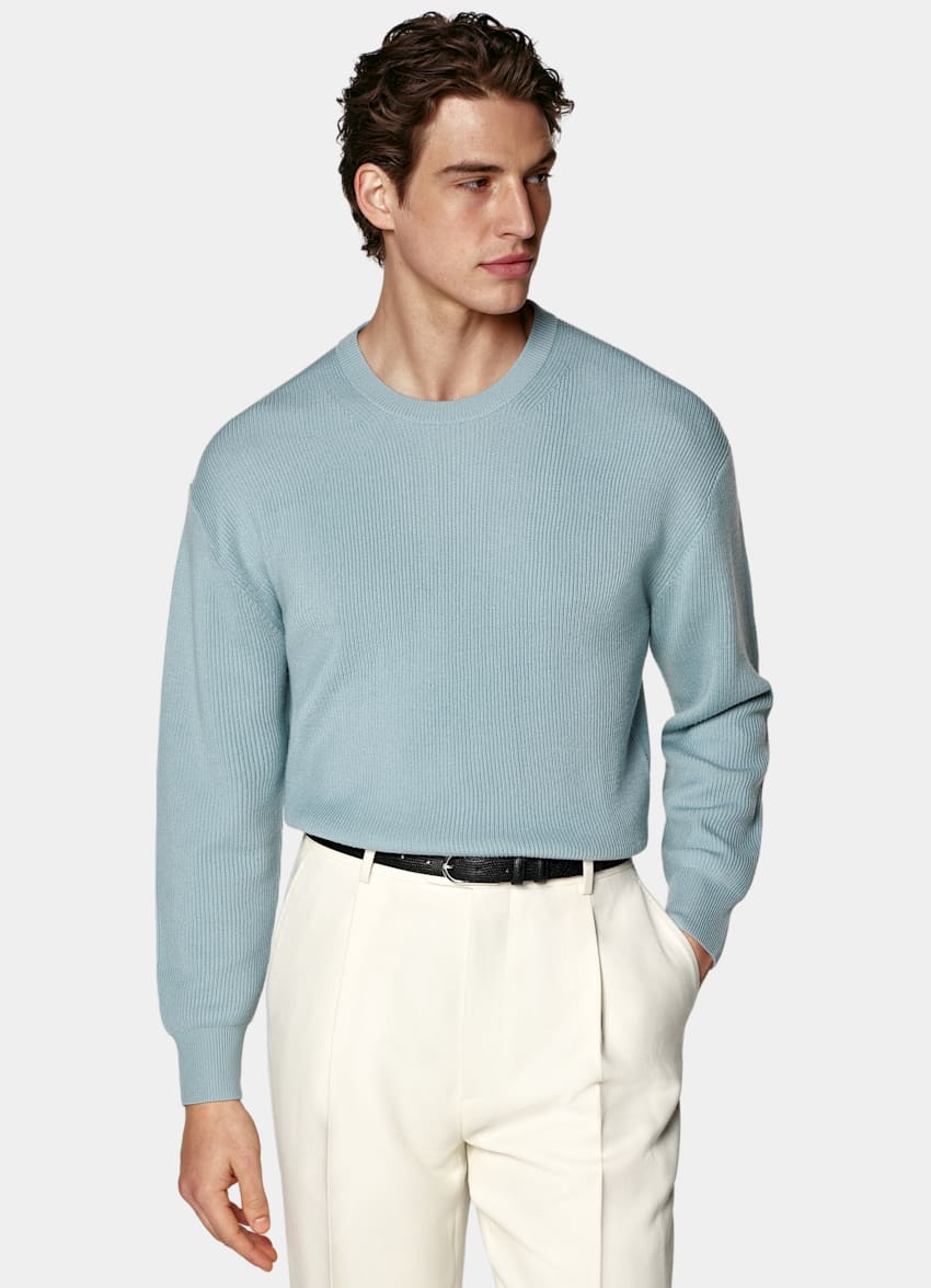 SUITSUPPLY Pure Wool Light Blue Ribbed Merino Crewneck