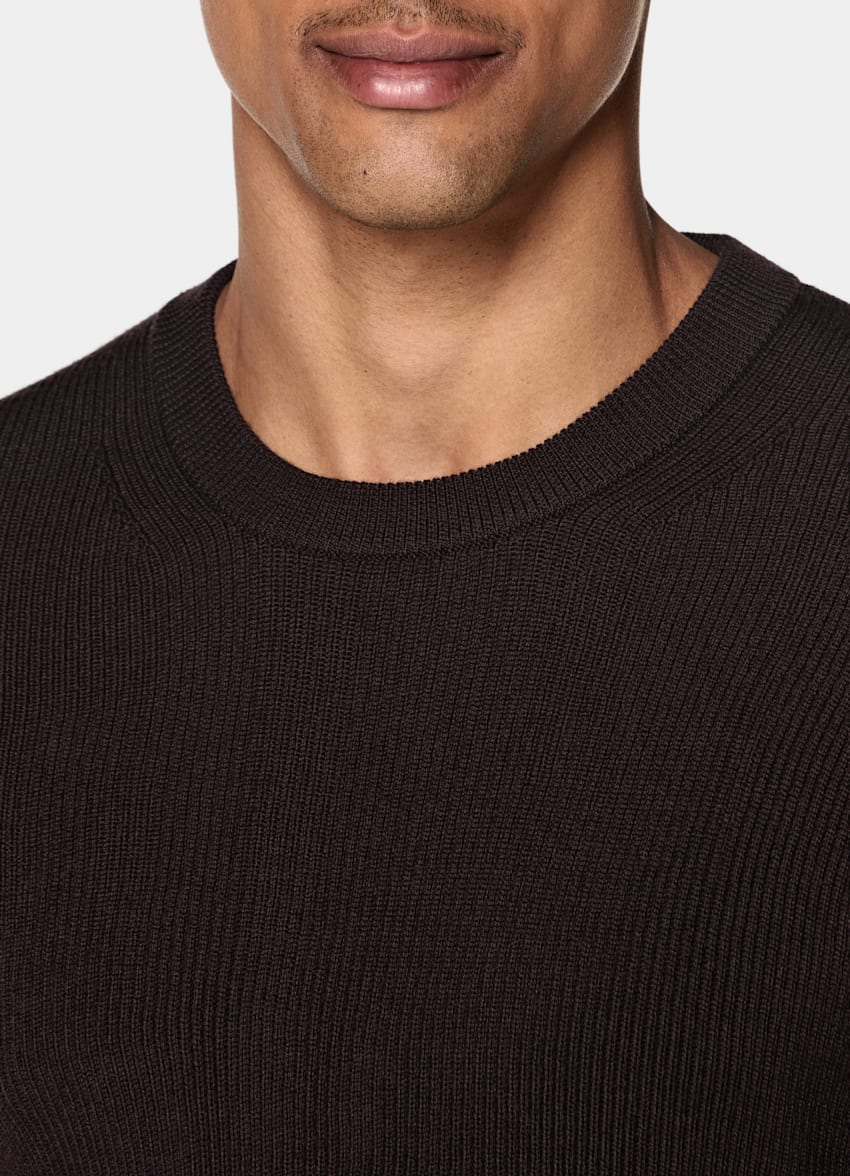 SUITSUPPLY Pure Wool Dark Purple Ribbed Merino Crewneck