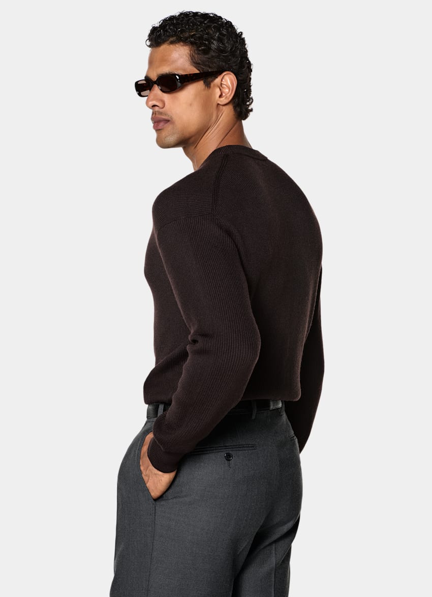 SUITSUPPLY Pure Wool Dark Purple Ribbed Merino Crewneck
