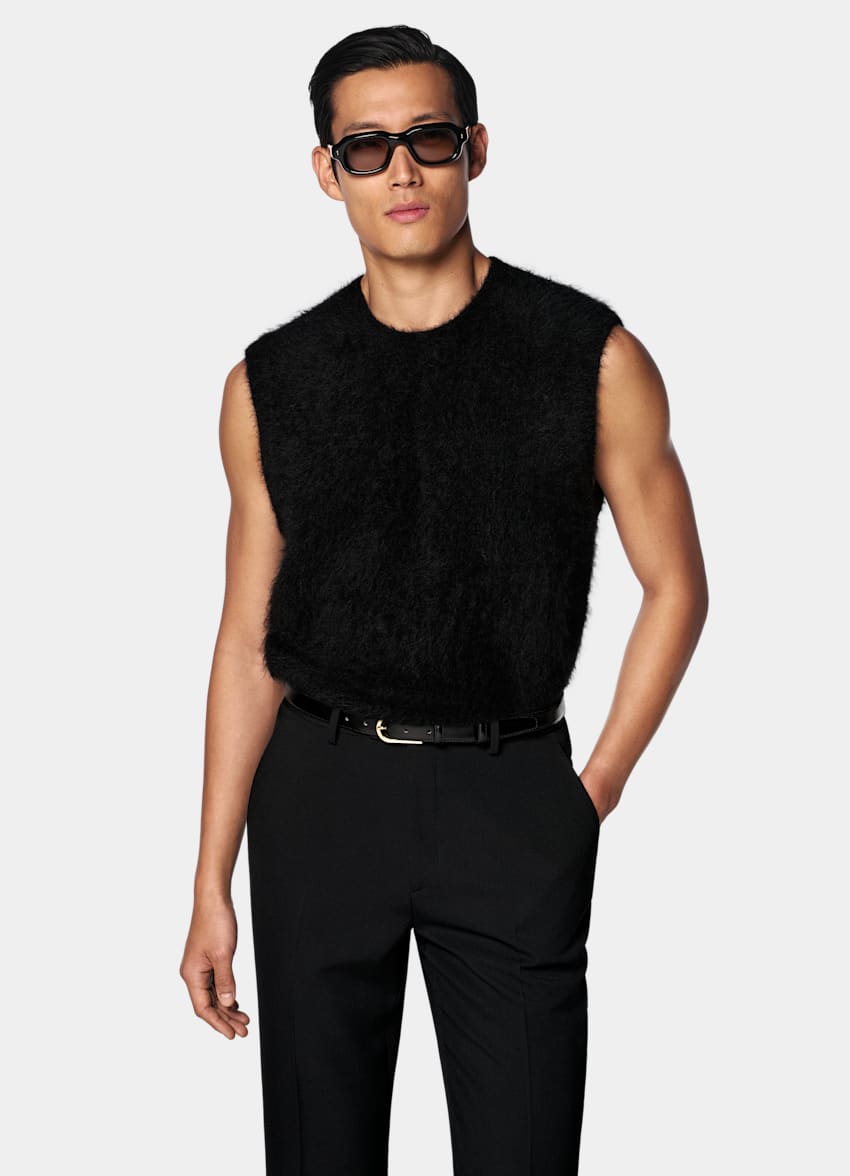 SUITSUPPLY Alpaca Blend Black Shaggy Sleeveless Crewneck
