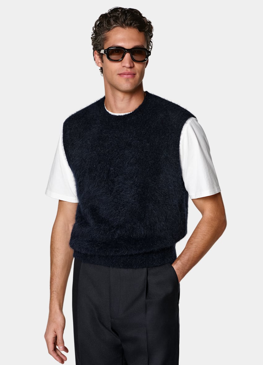SUITSUPPLY Alpaca Blend Navy Shaggy Sleeveless Crewneck