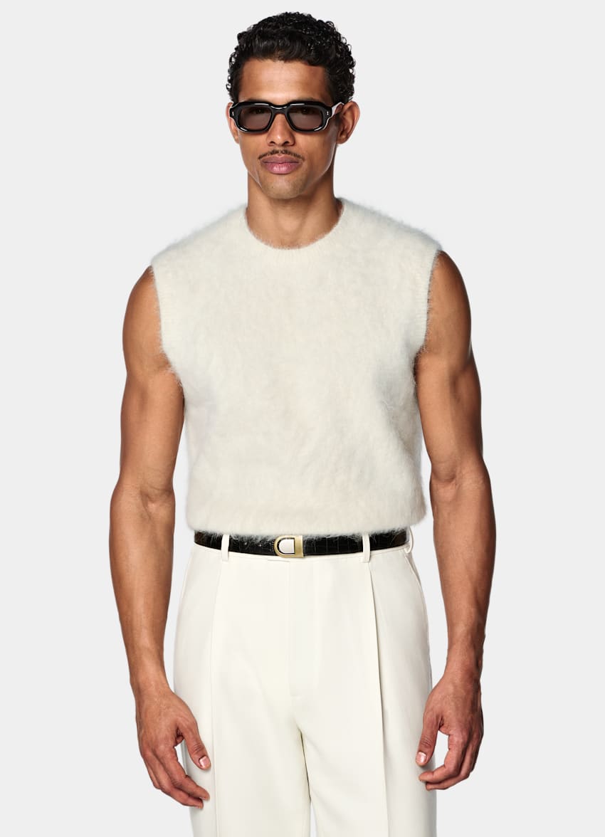 SUITSUPPLY Alpaca Blend Off-White Shaggy Sleeveless Crewneck