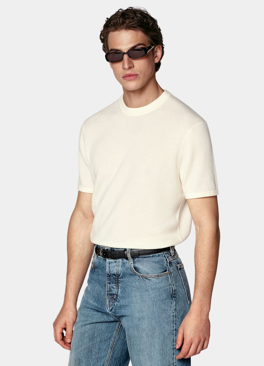 SUITSUPPLY Wool Cashmere Off-White Short Sleeve Crewneck