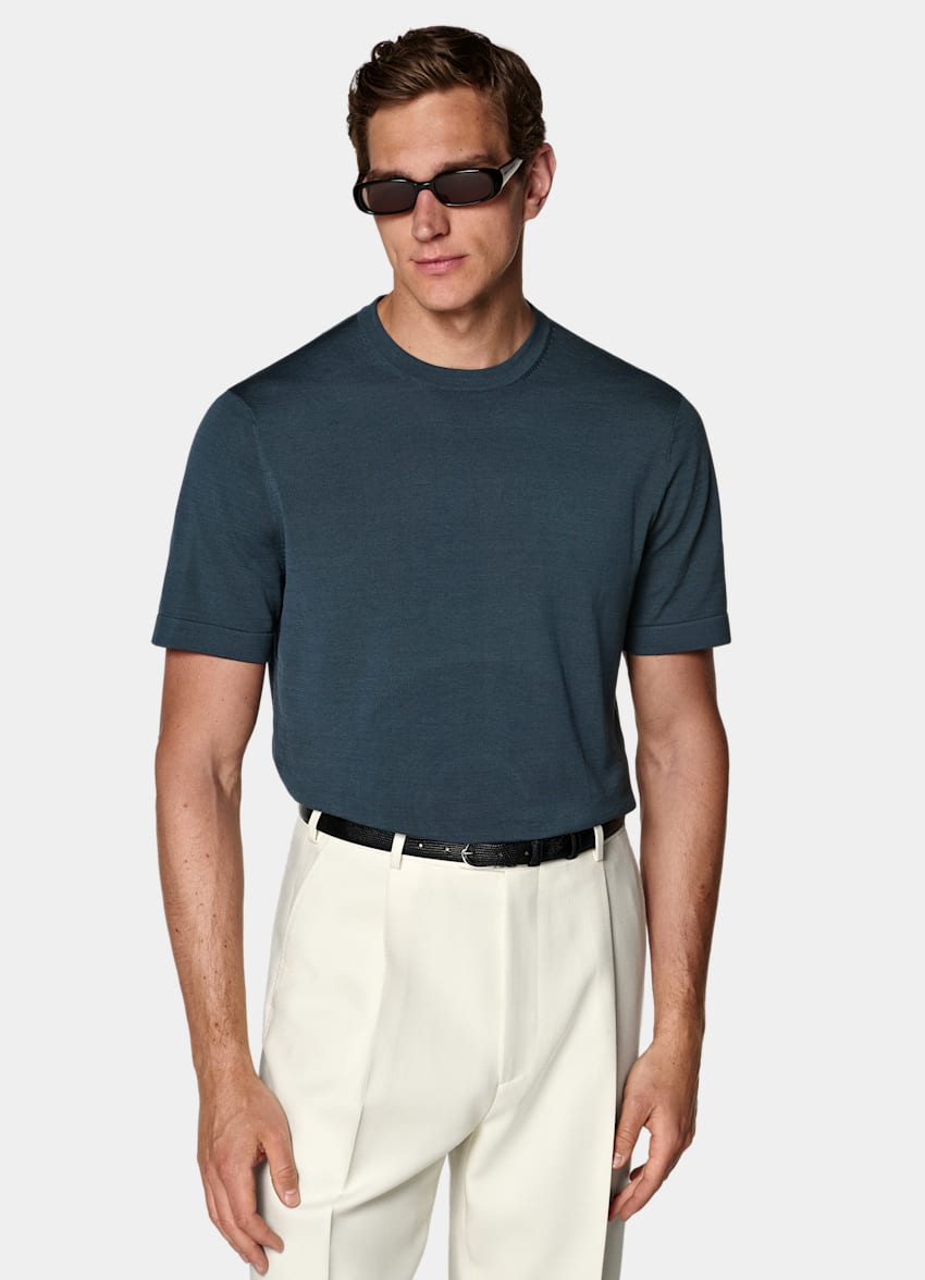 SUITSUPPLY Cotton Silk Mid Blue Short Sleeve Crewneck