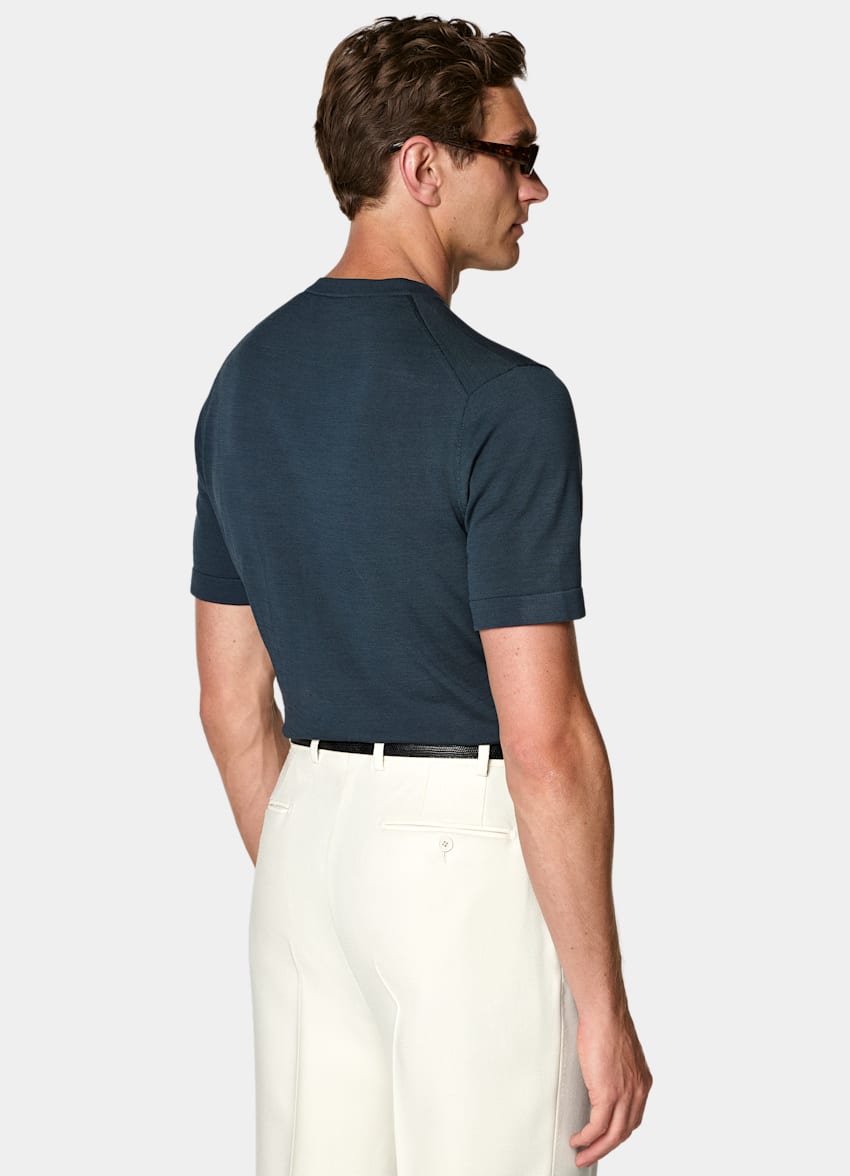 SUITSUPPLY Cotton Silk Mid Blue Short Sleeve Crewneck