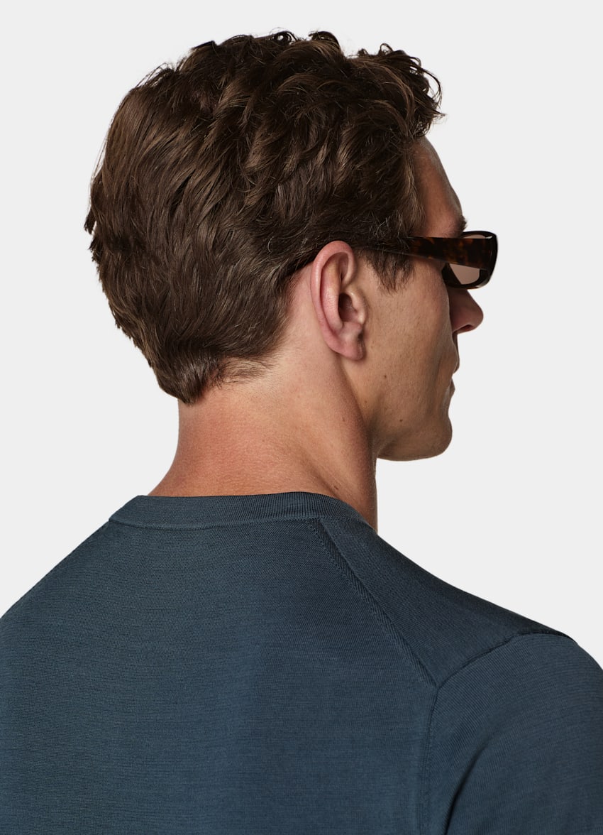 SUITSUPPLY Cotton Silk Mid Blue Short Sleeve Crewneck