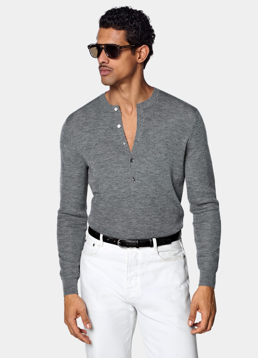 SUITSUPPLY Pure Wool Mid Grey Ribbed Henley