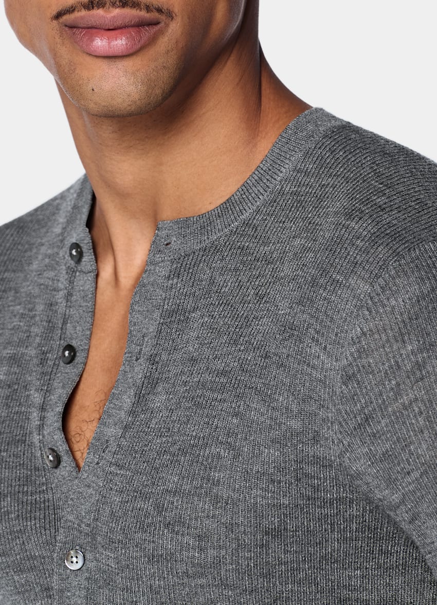 SUITSUPPLY Pure Wool Mid Grey Ribbed Henley