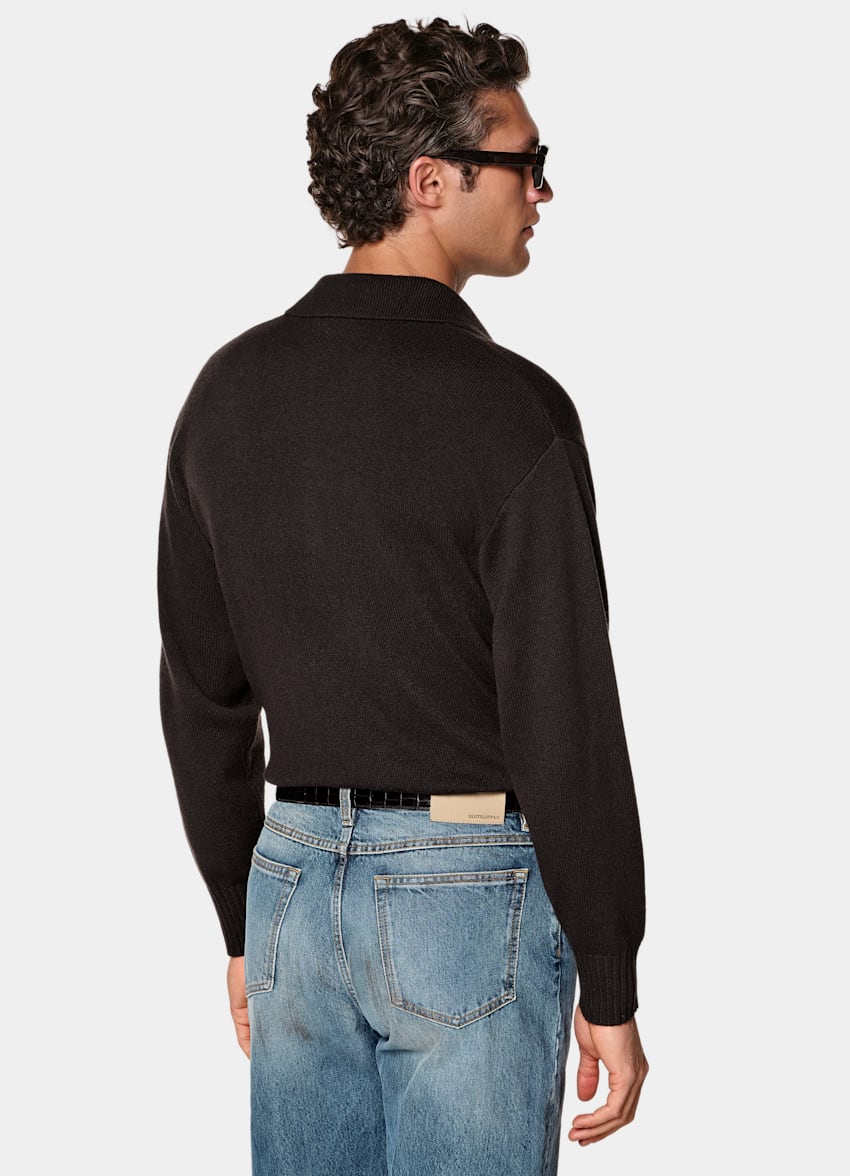 SUITSUPPLY Pure Cashmere Dark Brown Long Sleeve Polo