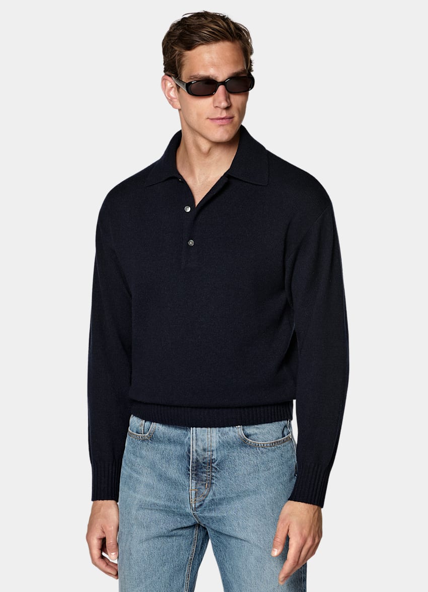 SUITSUPPLY Pure Cashmere Navy Long Sleeve Polo