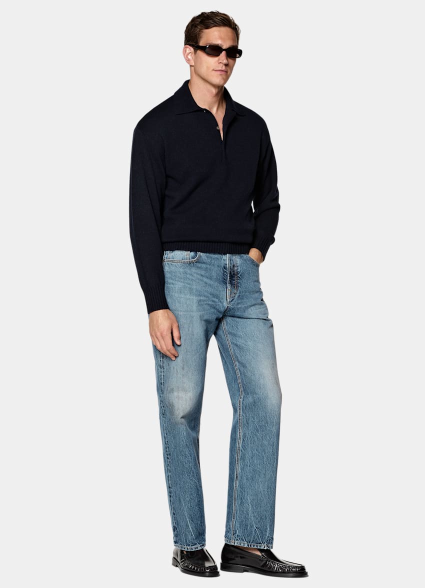 SUITSUPPLY Pure Cashmere Navy Long Sleeve Polo