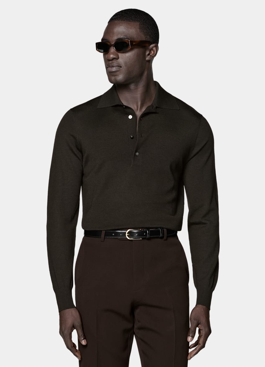 SUITSUPPLY Pure Wool Dark Brown Merino Long Sleeve Polo