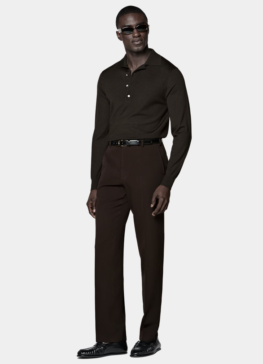 SUITSUPPLY Pure Wool Dark Brown Merino Long Sleeve Polo
