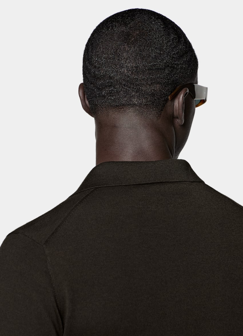 SUITSUPPLY Pure Wool Dark Brown Merino Long Sleeve Polo