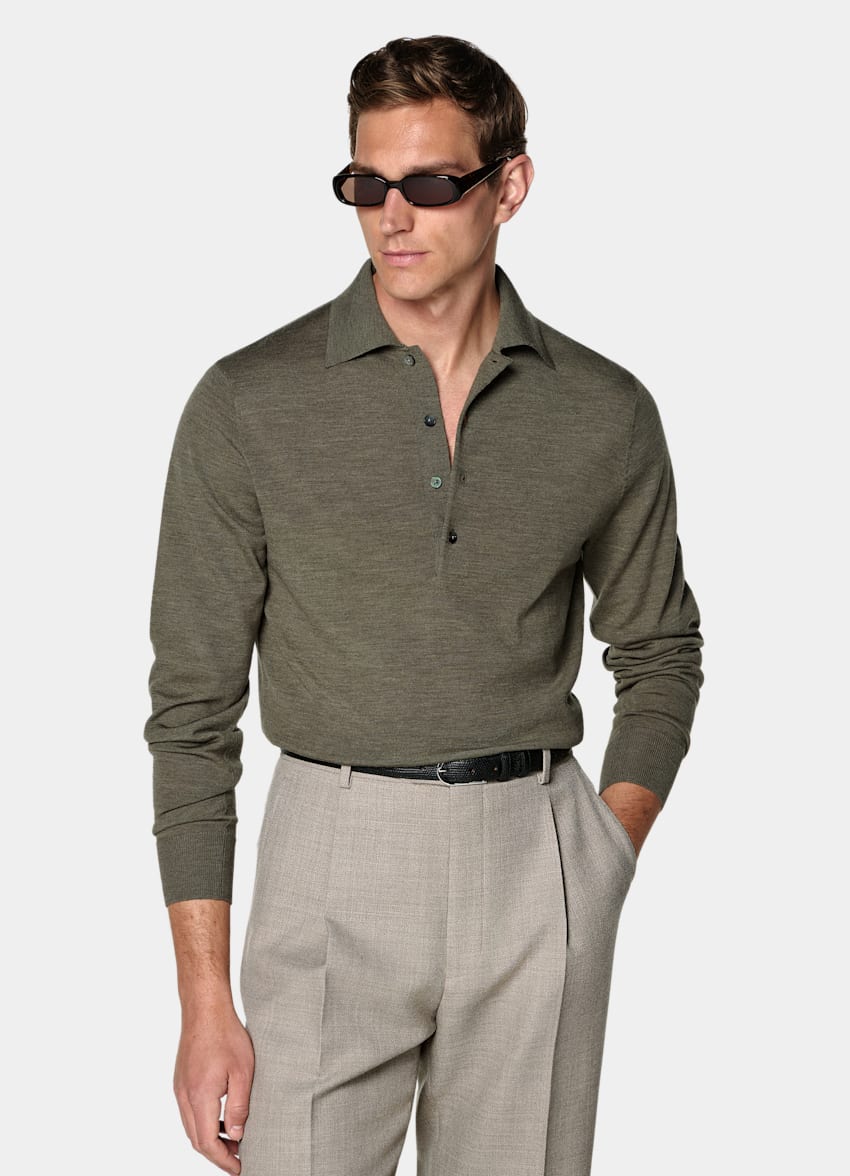 SUITSUPPLY Pure Wool Mid Green Merino Long Sleeve Polo